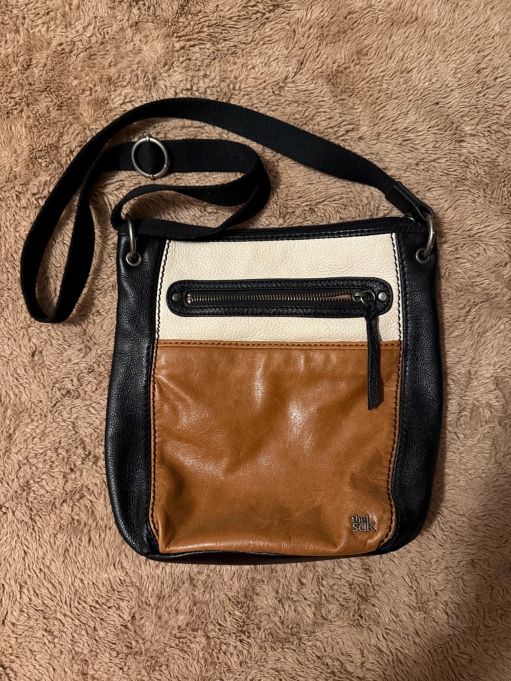 The Sak Tri-Color Leather Messenger Bag - Black, Cream & Tan